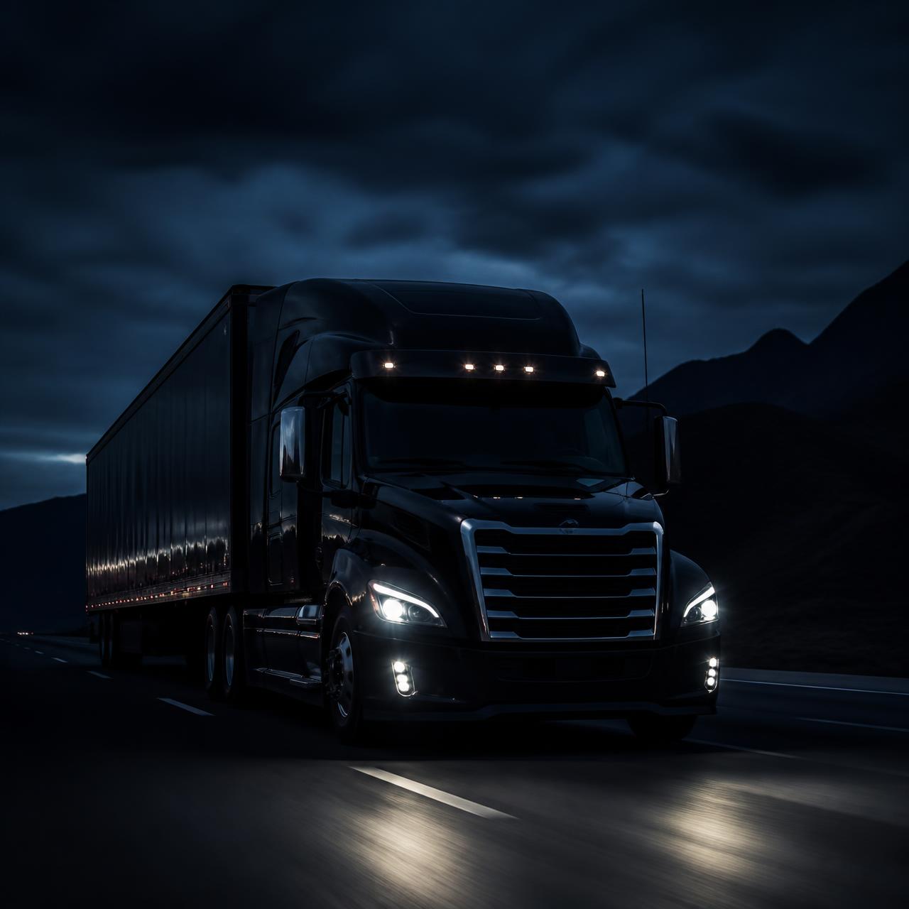 Black semi-truck on a dark highway